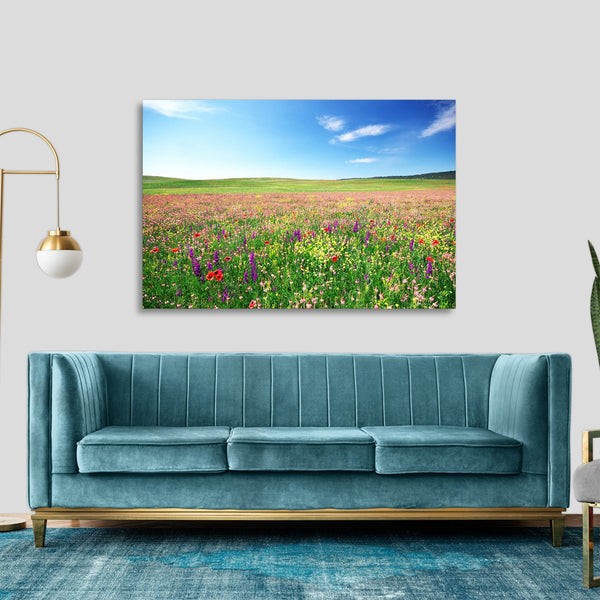 Quadro Stampa su Tela con Telaio in legno panorama campo fiorito