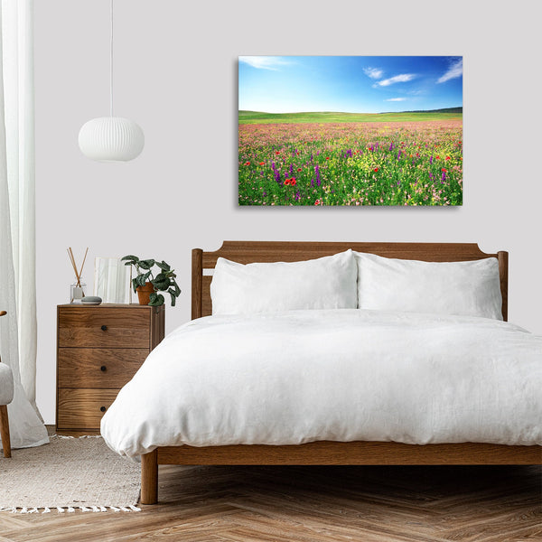 Quadro Stampa su Tela con Telaio in legno panorama campo fiorito