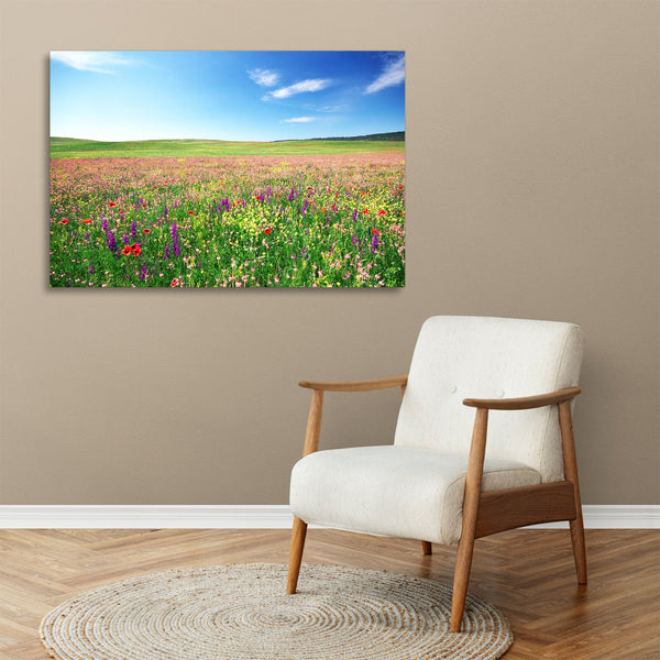 Quadro Stampa su Tela con Telaio in legno panorama campo fiorito