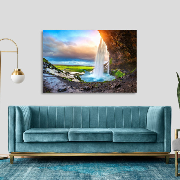 Quadro Stampa su Tela con Telaio in legno panorama cascate tramonto