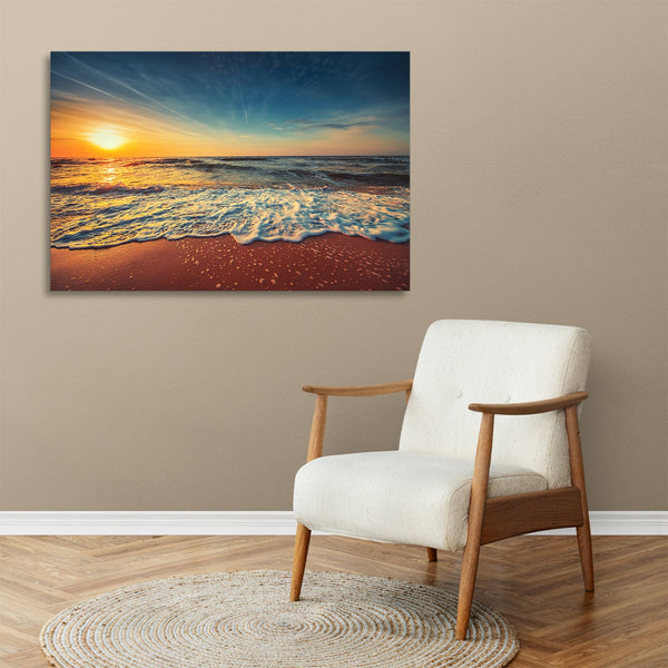 Quadro Stampa su Tela con Telaio in legno panorama tramonto spiaggia mare