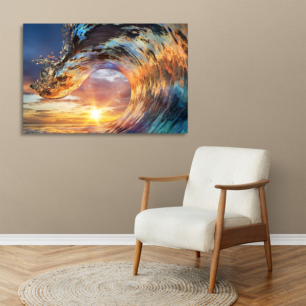 Quadro Stampa su Tela con Telaio in legno panorama mare tramonto