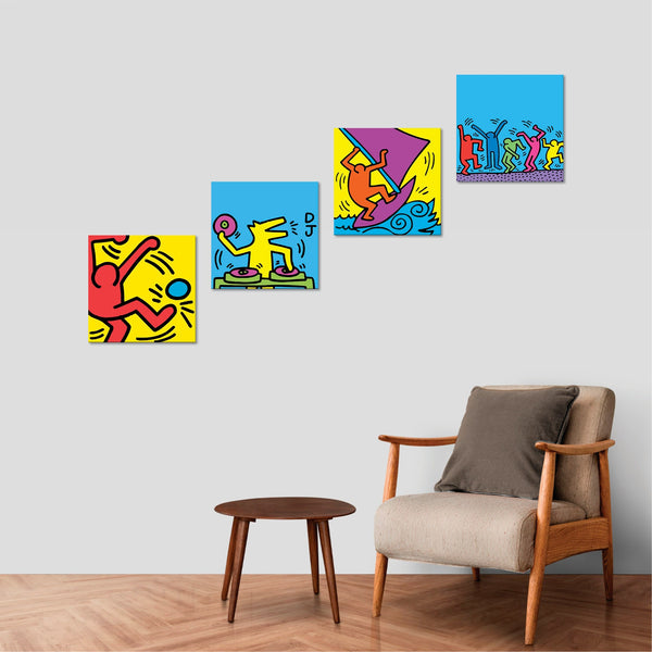 Quadri Stampa su Tela con Telaio in Legno 4 pezzi Haring