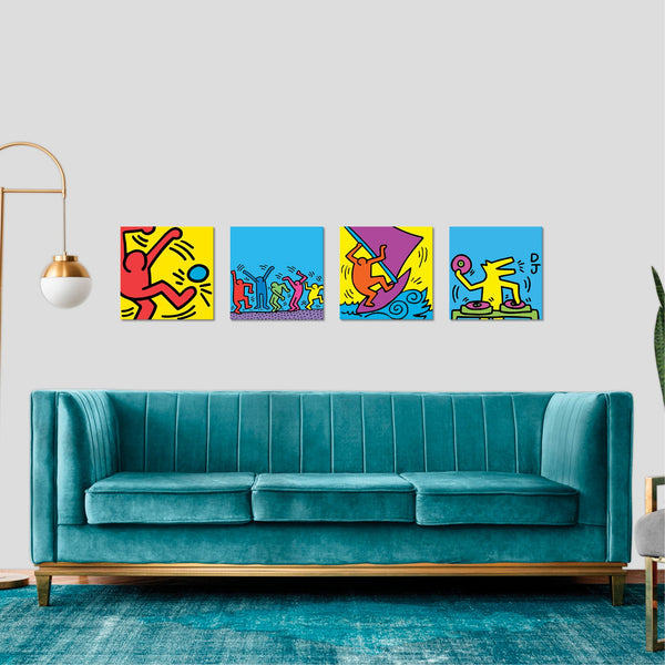 Quadri Stampa su Tela con Telaio in Legno 4 pezzi Haring