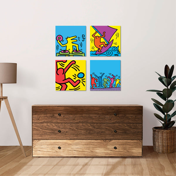 Quadri Stampa su Tela con Telaio in Legno 4 pezzi Haring