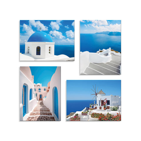 Quadri Stampa su Tela con Telaio in Legno 4 pezzi Santorini Grecia