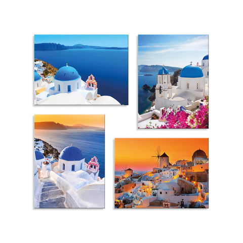 Quadri Stampa su Tela con Telaio in Legno 4 pezzi Panorama Santorini Grecia
