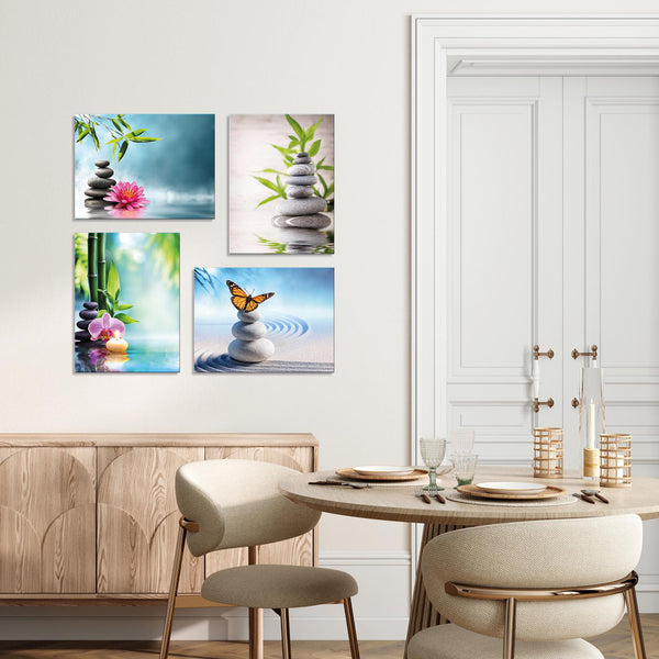 Quadri Stampa su Tela con Telaio in Legno 4 pezzi Giardino Zen con pietre