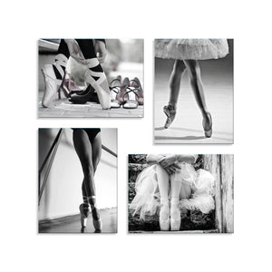 Quadri Stampa su Tela con Telaio in Legno 4 pezzi Ballerina in bianco e nero