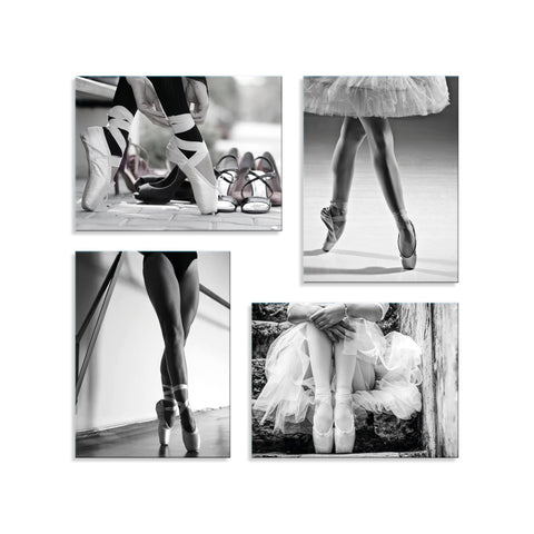 Quadri Stampa su Tela con Telaio in Legno 4 pezzi Ballerina in bianco e nero