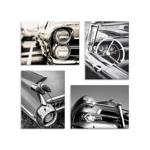 Quadri Stampa su Tela con Telaio in Legno 4 pezzi Auto vintage in bianco e nero
