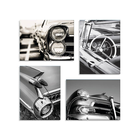 Quadri Stampa su Tela con Telaio in Legno 4 pezzi Auto vintage in bianco e nero