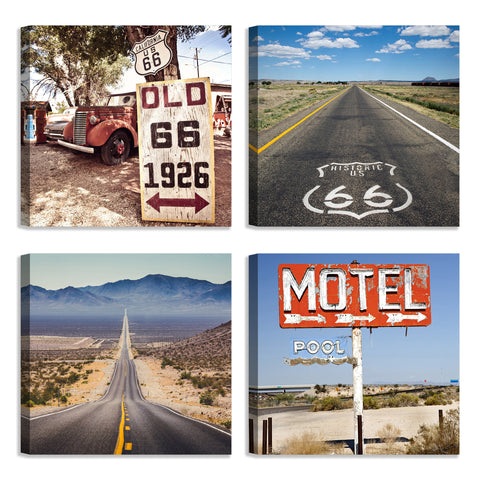 Quadri Stampa su Tela con Telaio in Legno 4 pezzi Vintage America Route 66