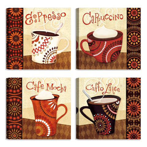 Quadri Stampa su Tela con Telaio in Legno 4 pezzi Coffee Time, Caffè, Cappuccino