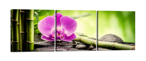 Quadri Stampa su Tela con Telaio in Legno 3 pezzi Giardino Zen con fiore
