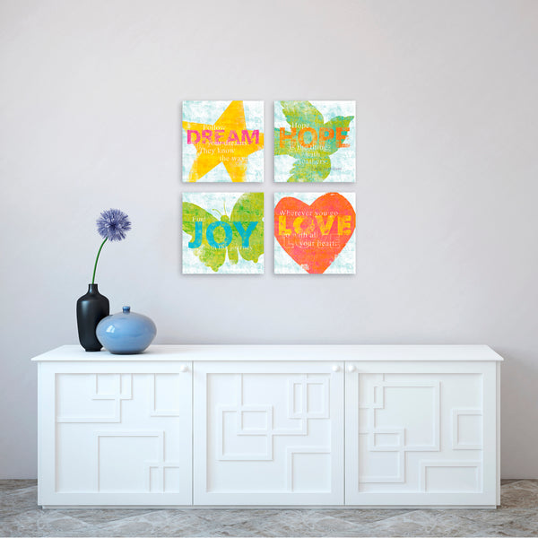 Quadri Stampa su Tela con Telaio in Legno 4 pezzi Frasi positive, Love, Hope, Joy, Dream