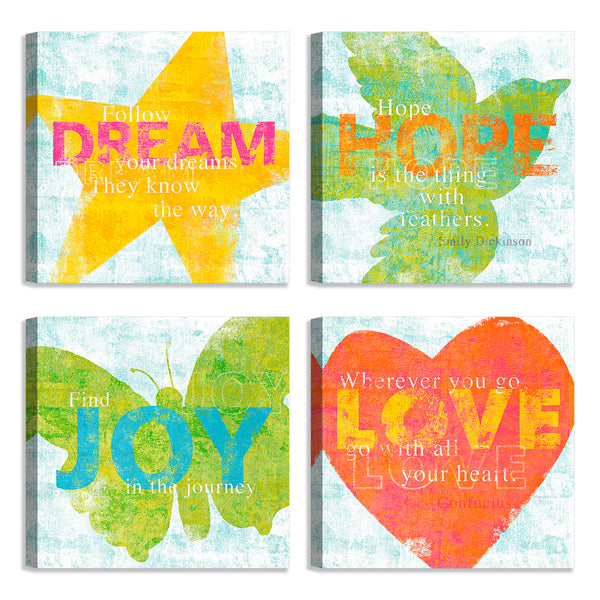 Quadri Stampa su Tela con Telaio in Legno 4 pezzi Frasi positive, Love, Hope, Joy, Dream