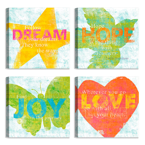 Quadri Stampa su Tela con Telaio in Legno 4 pezzi Frasi positive, Love, Hope, Joy, Dream