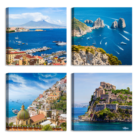 Quadri Stampa su Tela con Telaio in Legno 4 pezzi Napoli Vesuvio, Capri, Ischia, Positano