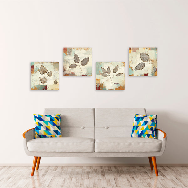 Quadri Stampa su Tela con Telaio in Legno 4 pezzi Foglie in stile minimal
