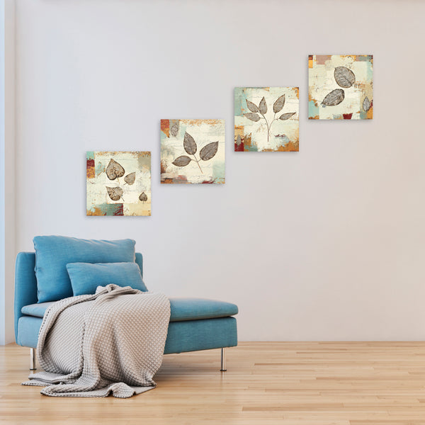 Quadri Stampa su Tela con Telaio in Legno 4 pezzi Foglie in stile minimal