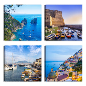 Quadri Stampa su Tela con Telaio in Legno 4 pezzi Panorama Napoli, Costiera Amalfitana, Capri