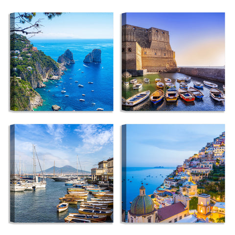 Quadri Stampa su Tela con Telaio in Legno 4 pezzi Panorama Napoli, Costiera Amalfitana, Capri
