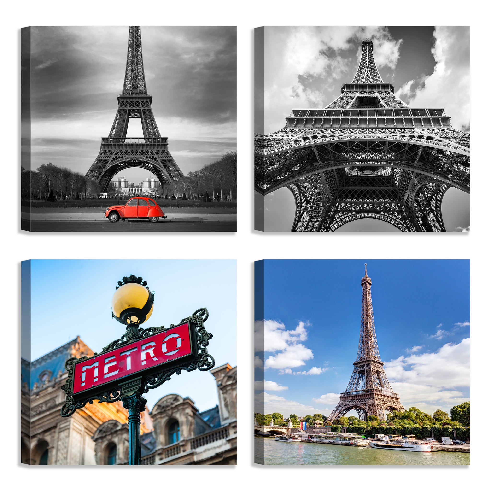 Quadri Stampa su Tela con Telaio in Legno 4 pezzi Parigi, Tour Eiffel
