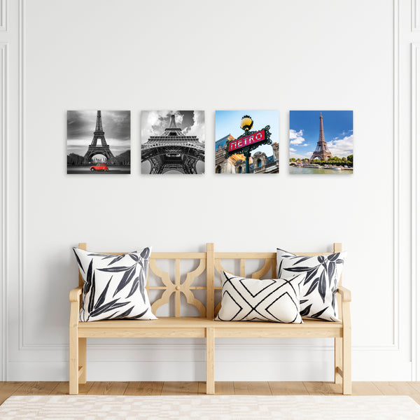 Quadri Stampa su Tela con Telaio in Legno 4 pezzi Parigi, Tour Eiffel