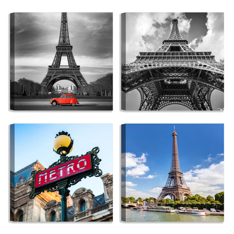 Quadri Stampa su Tela con Telaio in Legno 4 pezzi Parigi, Tour Eiffel