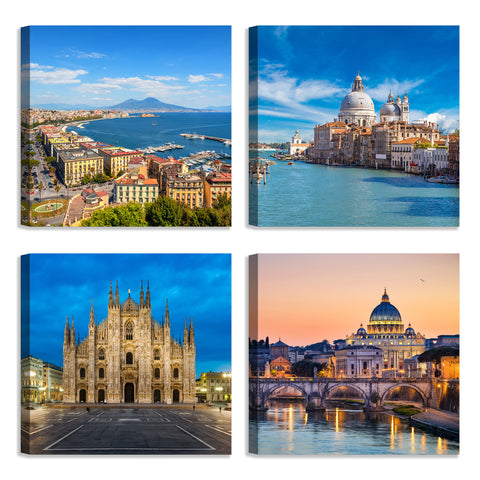 Quadri Stampa su Tela con Telaio in Legno 4 pezzi Città Italiane: Napoli, Venezia, Milano, Roma