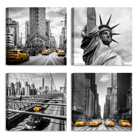 Quadri Stampa su Tela con Telaio in Legno 4 pezzi New York in bianco e nero