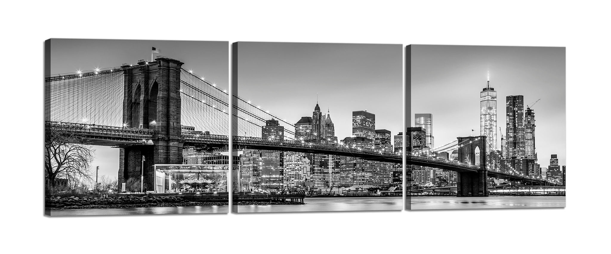 Quadri Stampa su Tela con Telaio in Legno 3 pezzi Panorama ponte di Brooklyn New York