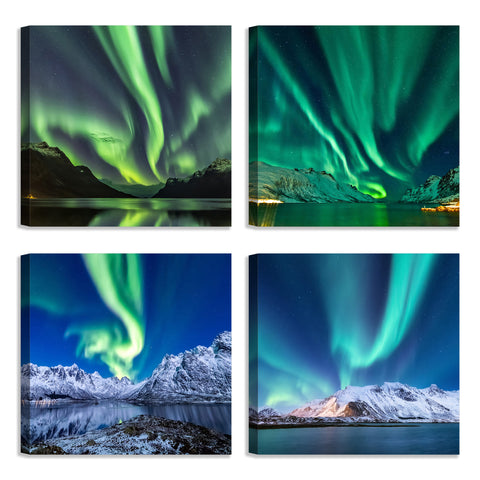 Quadri Stampa su Tela con Telaio in Legno 4 pezzi Aurora Boreale
