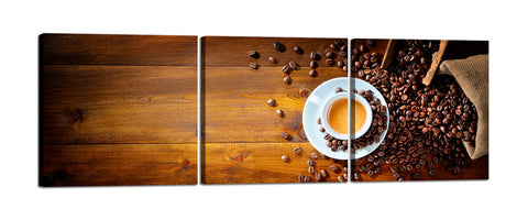 Quadri Stampa su Tela con Telaio in Legno 3 pezzi Tazzina di caffè con chicchi