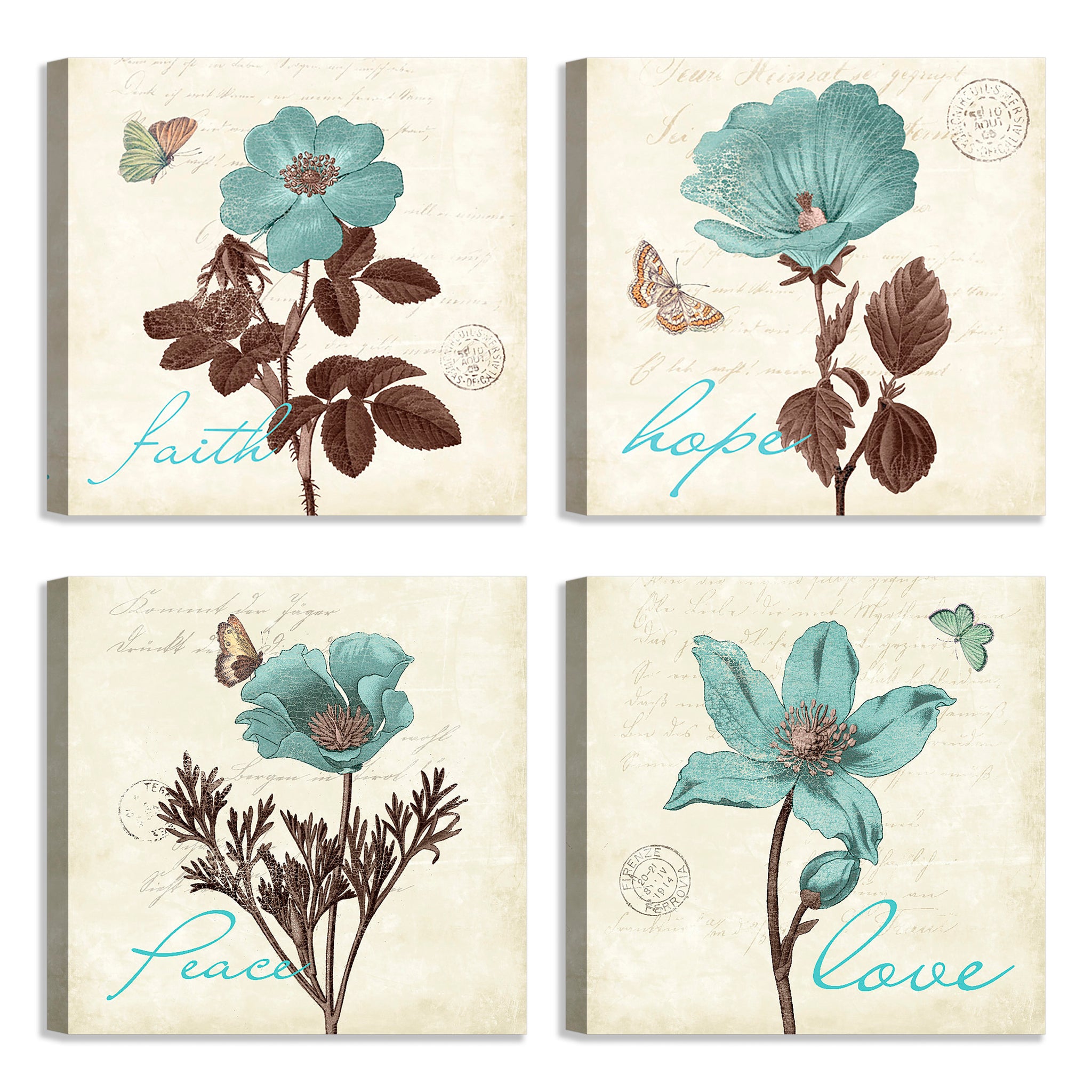 Quadri Stampa su Tela con Telaio in Legno 4 pezzi Fiori con frasi: Love, Peace, Faith, Hope