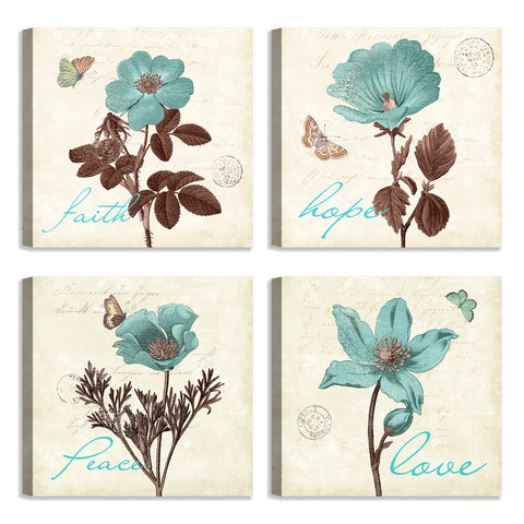 Quadri Stampa su Tela con Telaio in Legno 4 pezzi Fiori con frasi: Love, Peace, Faith, Hope