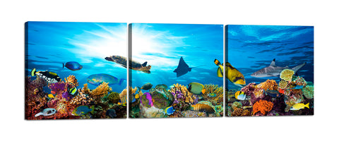 Quadri Stampa su Tela con Telaio in Legno 3 pezzi Acquario con pesci tropicali