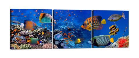 Quadri Stampa su Tela con Telaio in Legno 3 pezzi Acquario con pesci tropicali