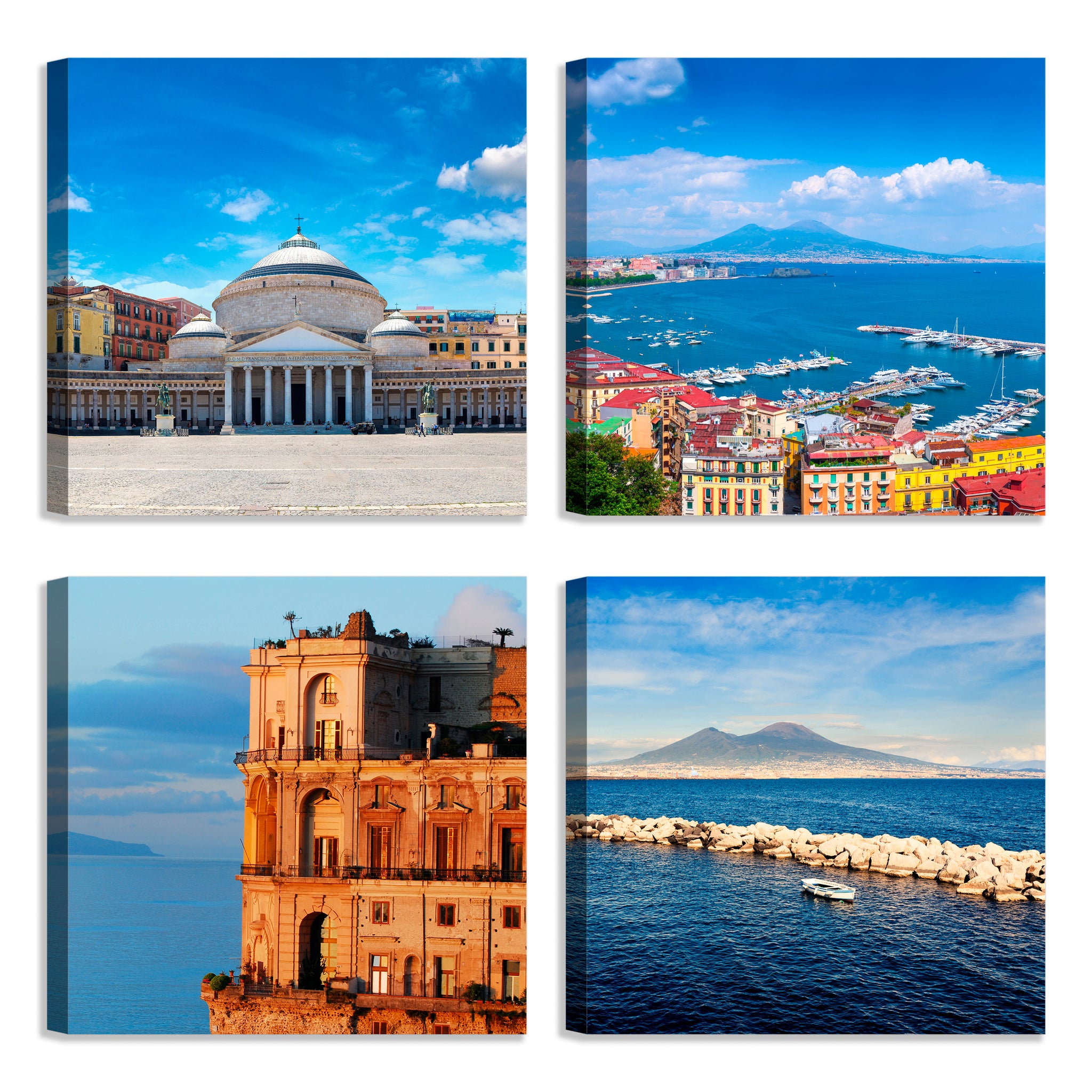 Quadri Stampa su Tela con Telaio in Legno 4 pezzi Panorama Napoli Vesuvio