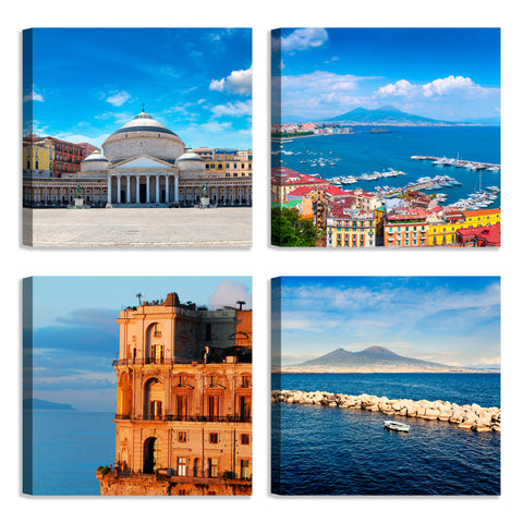 Quadri Stampa su Tela con Telaio in Legno 4 pezzi Panorama Napoli Vesuvio
