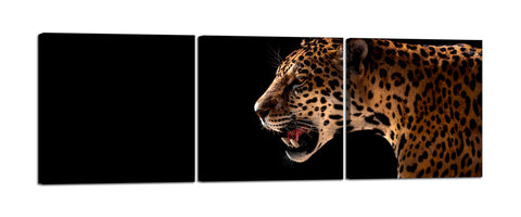 Quadri Stampa su Tela con Telaio in Legno 3 pezzi Leopardo su sfondo nero