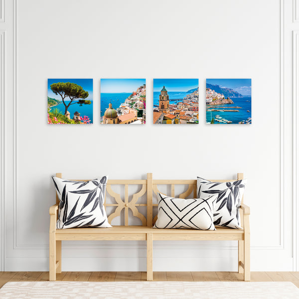 Quadri Stampa su Tela con Telaio in Legno 4 pezzi Panorama Costiera Amalfitana, Ravello, Positano