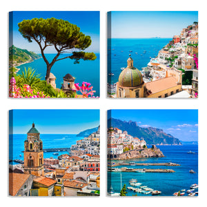 Quadri Stampa su Tela con Telaio in Legno 4 pezzi Panorama Costiera Amalfitana, Ravello, Positano