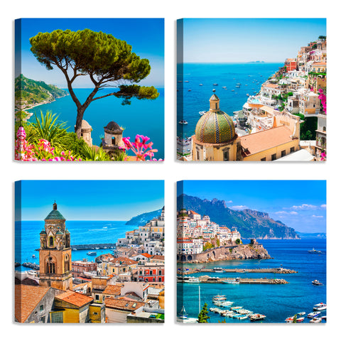Quadri Stampa su Tela con Telaio in Legno 4 pezzi Panorama Costiera Amalfitana, Ravello, Positano