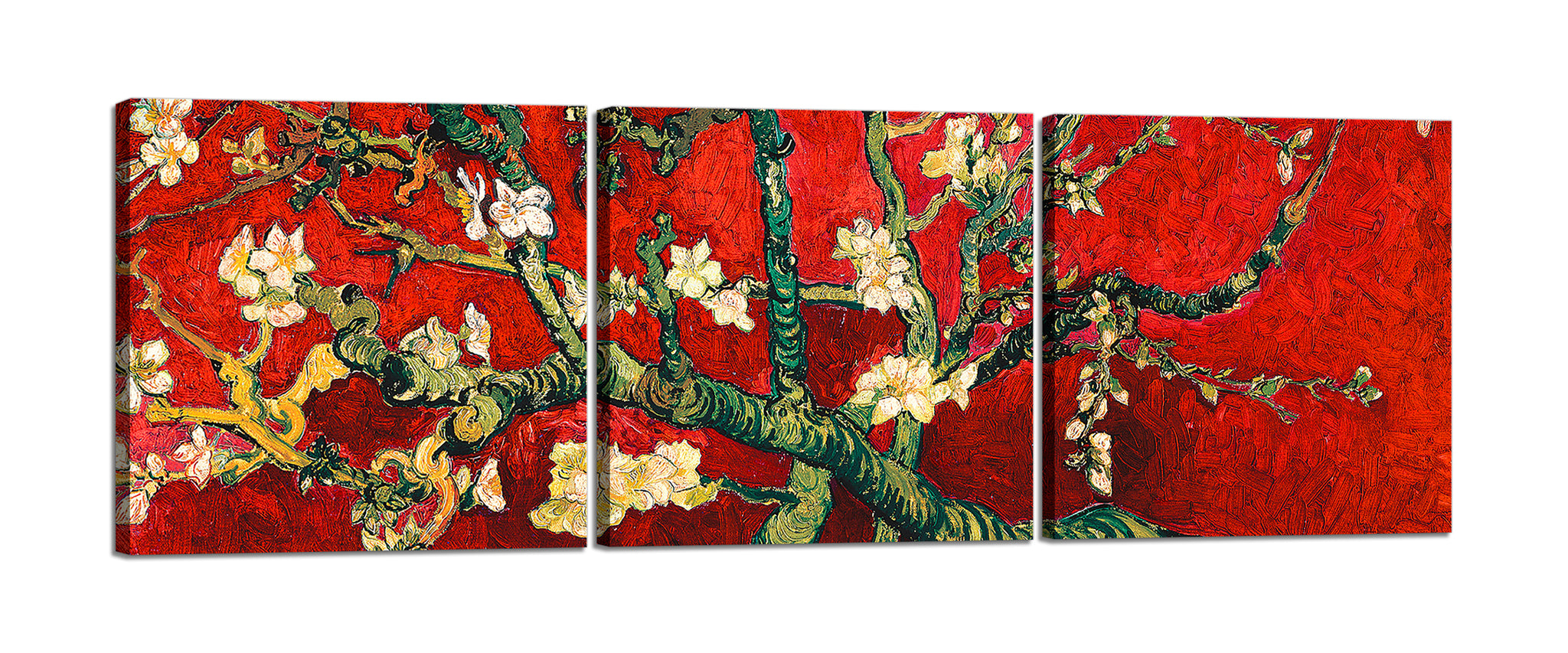 Quadri Stampa su Tela con Telaio in Legno 3 pezzi Van Gogh Mandorlo in fiore rosso