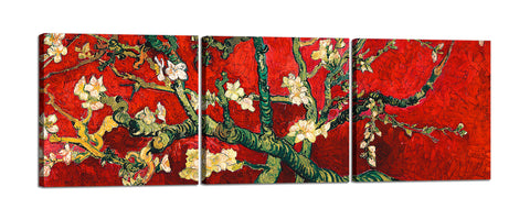 Quadri Stampa su Tela con Telaio in Legno 3 pezzi Van Gogh Mandorlo in fiore rosso