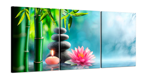 Quadri Stampa su Tela con Telaio in Legno 3 pezzi Giardino Zen con pietre e fiori
