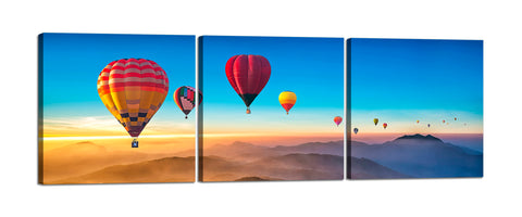Quadri Stampa su Tela con Telaio in Legno 3 pezzi Mongolfiere con tramonto