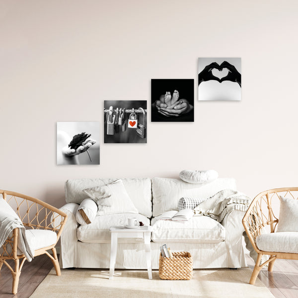 Quadri Stampa su Tela con Telaio in Legno 4 pezzi Tema love in bianco e nero